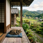 Tabby cat sleeping on a blue cushion on a wooden veranda outside a traditional house with countryside and mountains in the background
